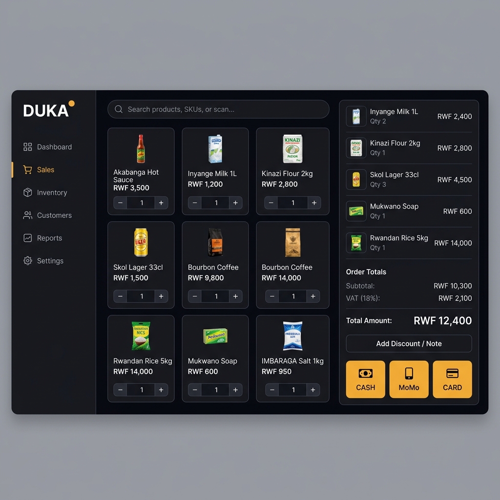 DUKA point-of-sale interface with product grid and cart